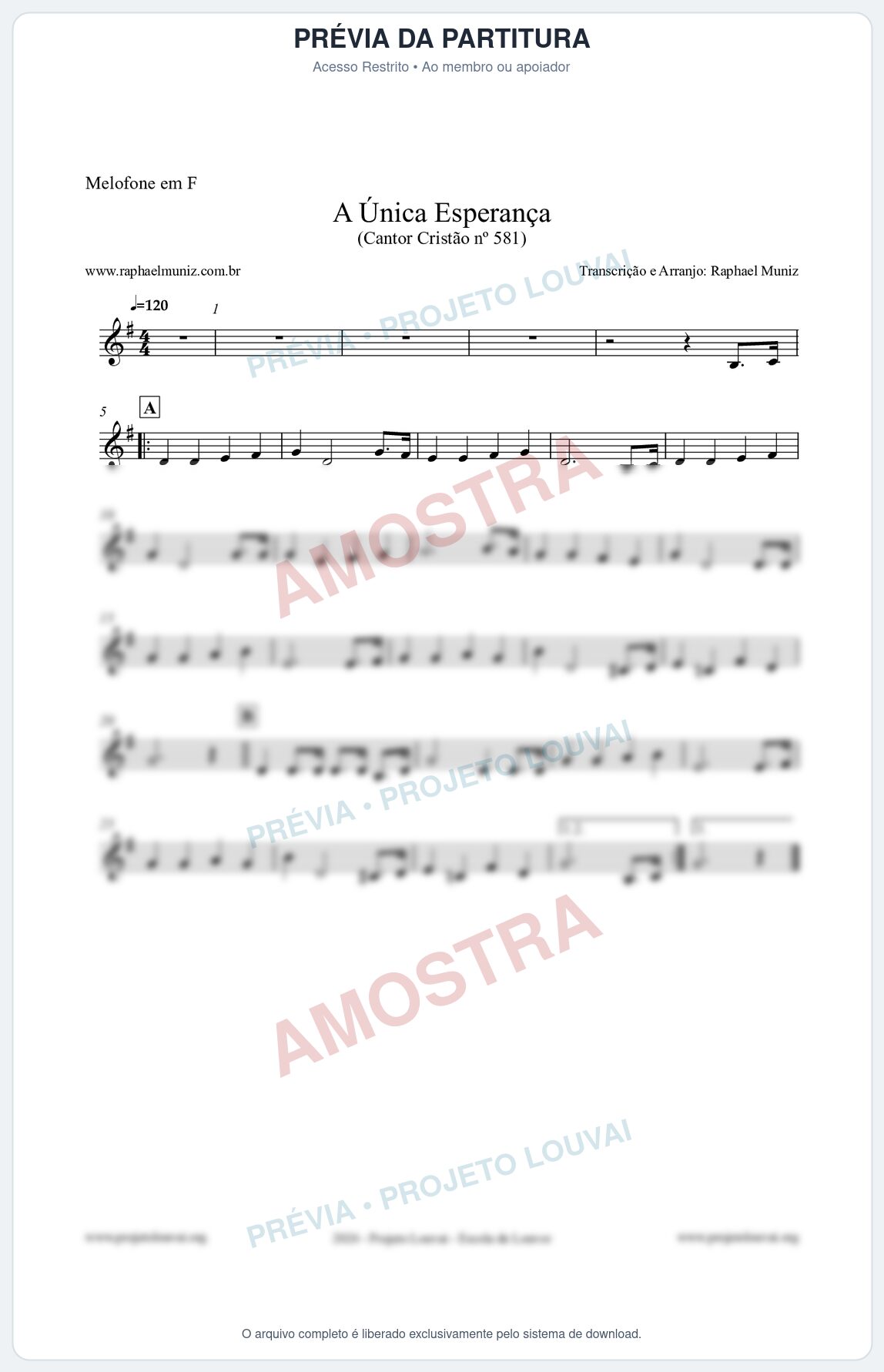 Prévia protegida da primeira página da partitura Partitura para Melofone em F - A Única Esperança - Cantor Cristão 581 - Clássicos do Gospel