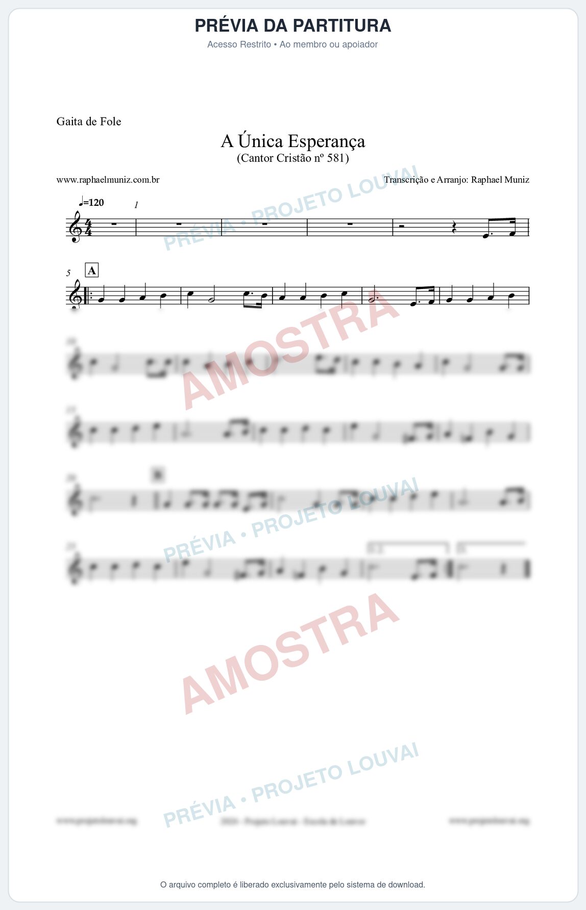 Prévia protegida da primeira página da partitura Partitura para Gaita de Fole - A Única Esperança - Cantor Cristão 581 - Clássicos do Gospel