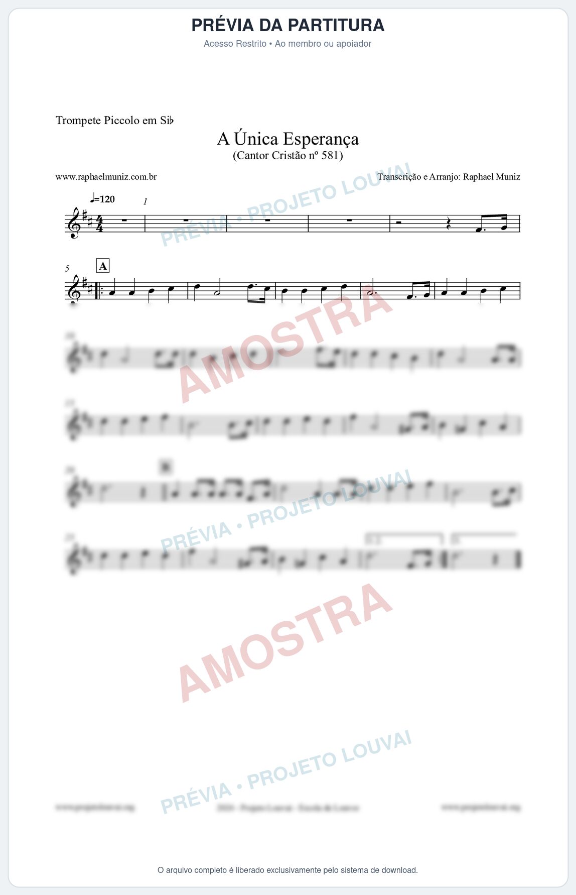 Prévia protegida da primeira página da partitura Partitura para Trompete Piccolo em Sib - A Única Esperança - Cantor Cristão 581 - Clássicos do Gospel