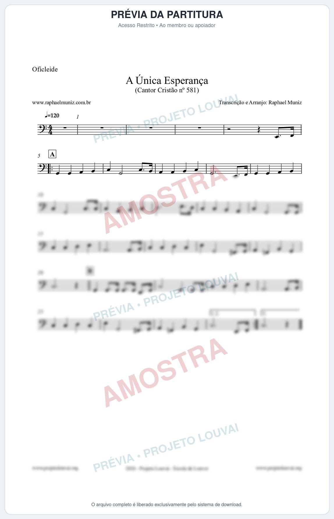 Prévia protegida da primeira página da partitura Partitura para Oficleide - A Única Esperança - Cantor Cristão 581 - Clássicos do Gospel