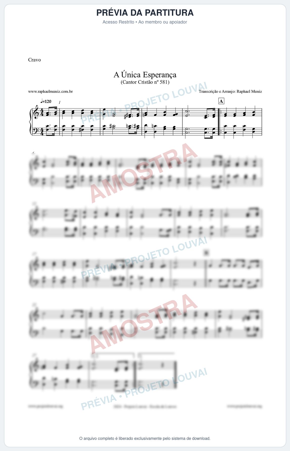 Prévia protegida da primeira página da partitura Partitura para Cravo - A Única Esperança - Cantor Cristão 581 - Clássicos do Gospel