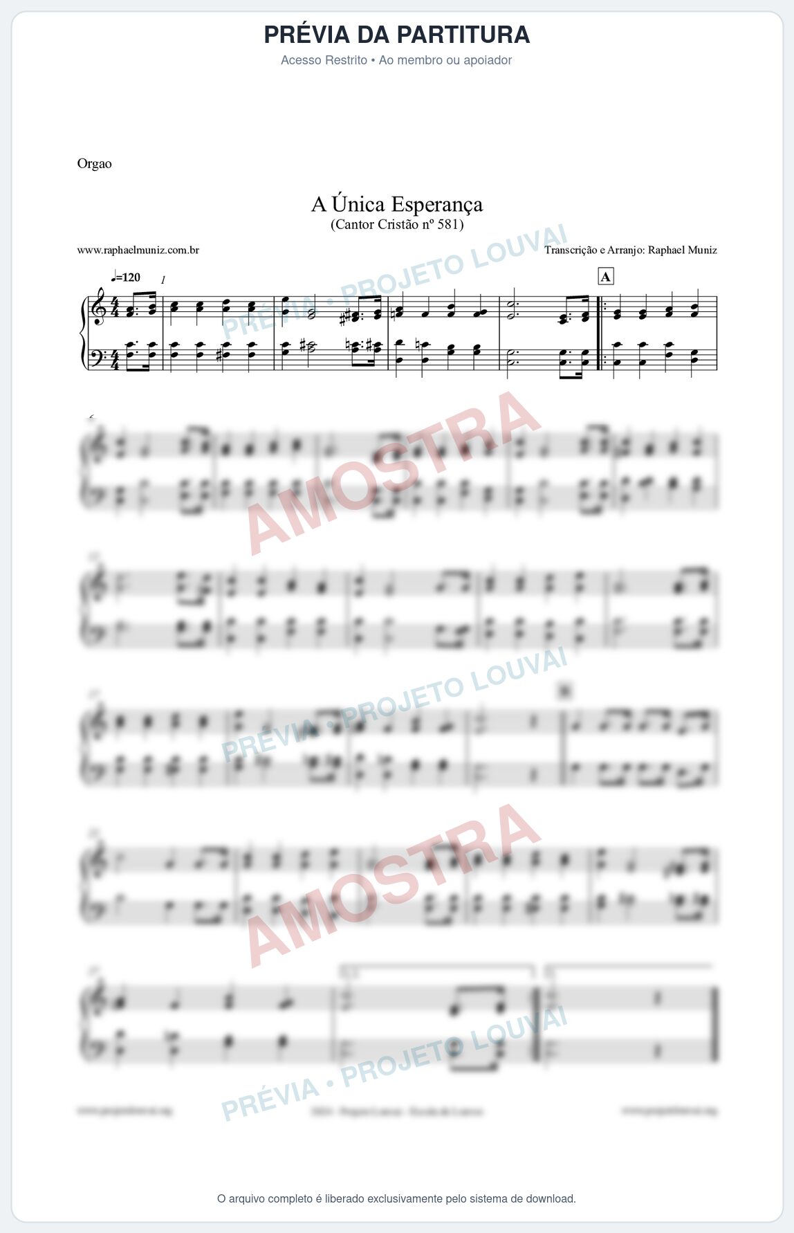 Prévia protegida da primeira página da partitura Partitura para Órgão - A Única Esperança - Cantor Cristão 581 - Clássicos do Gospel
