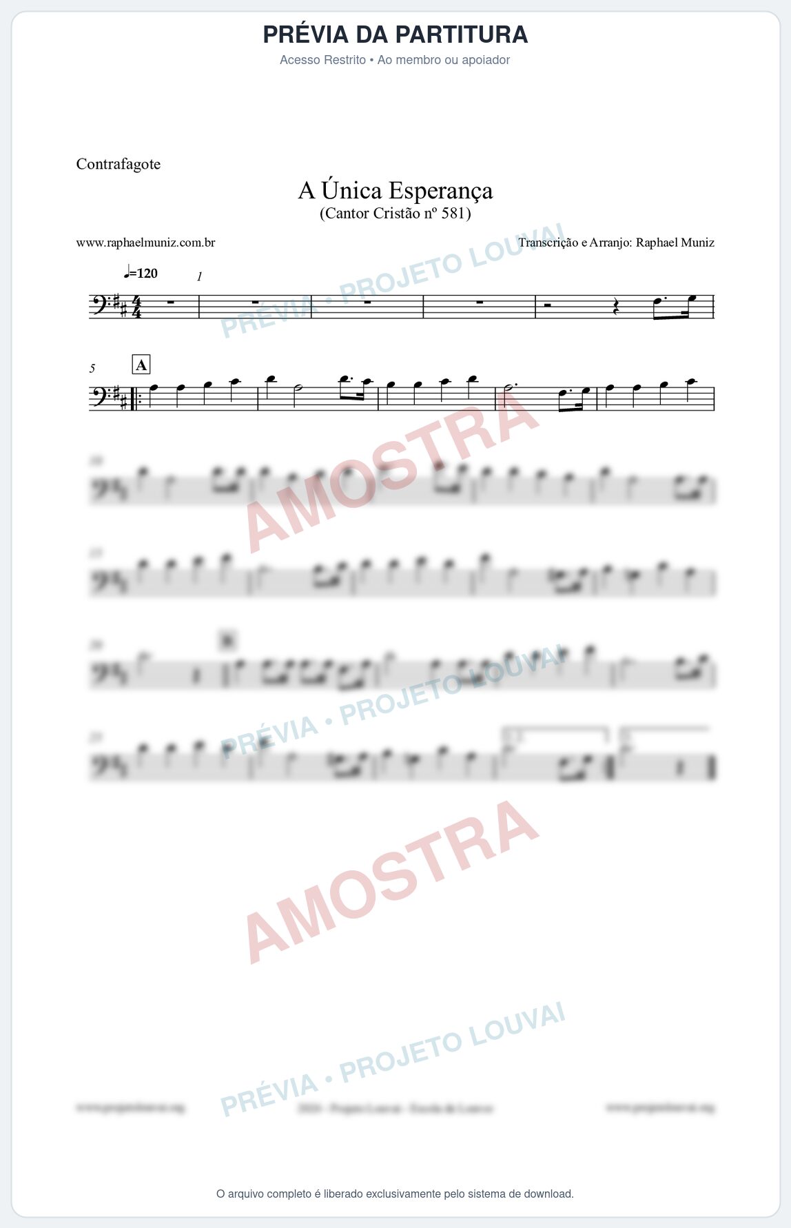 Prévia protegida da primeira página da partitura Partitura para Contrafagote - A Única Esperança - Cantor Cristão 581 - Clássicos do Gospel