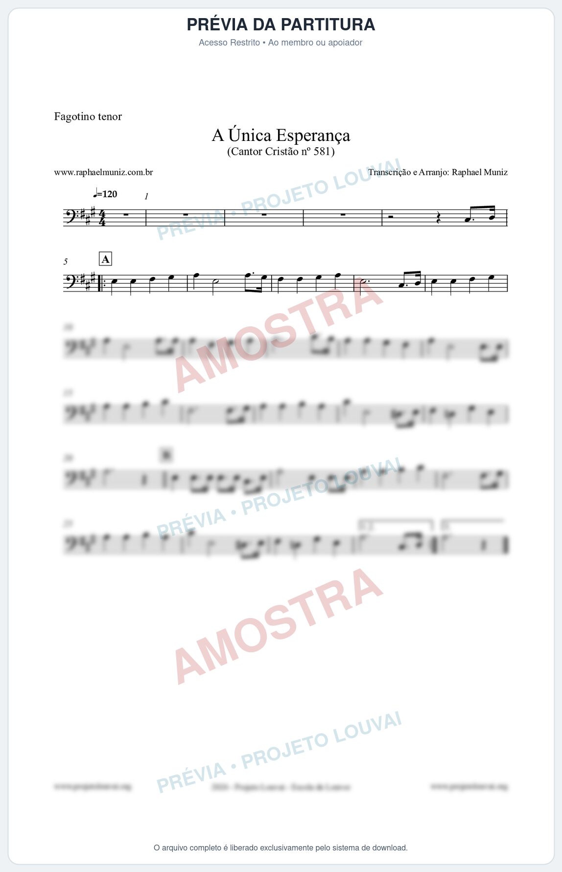 Prévia protegida da primeira página da partitura Partitura para Fagotino tenor - A Única Esperança - Cantor Cristão 581 - Clássicos do Gospel