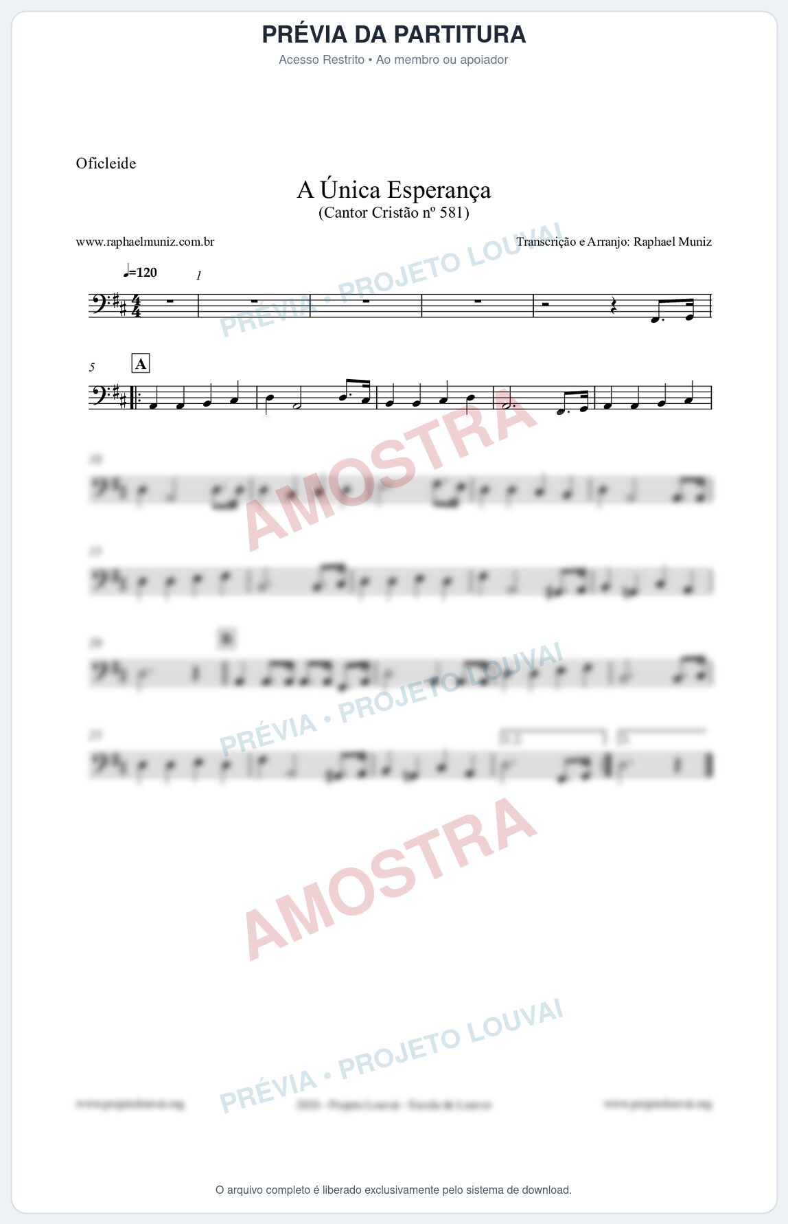 Prévia protegida da primeira página da partitura Partitura para Oficleide - A Única Esperança - Cantor Cristão 581 - Clássicos do Gospel