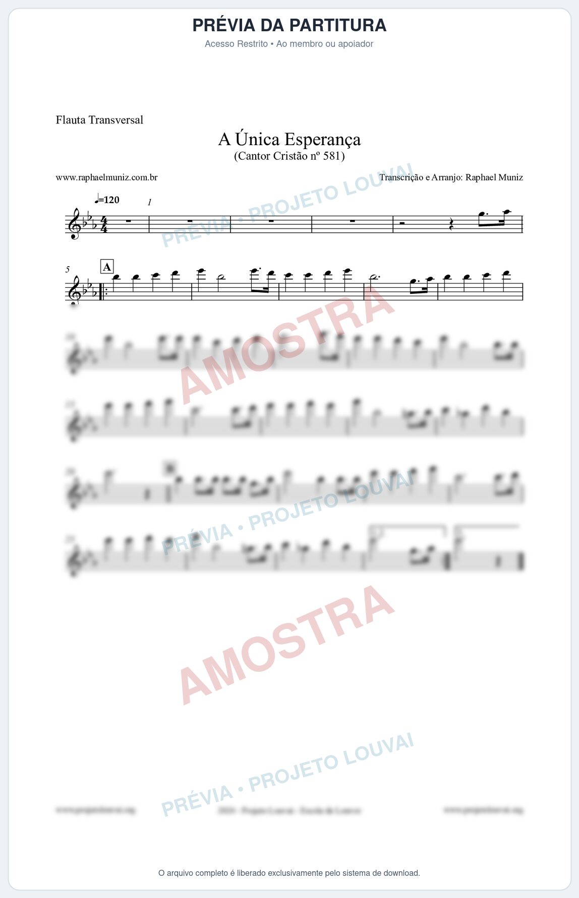 Prévia protegida da primeira página da partitura Partitura para Flauta Transversal - A Única Esperança - Cantor Cristão 581 - Clássicos do Gospel