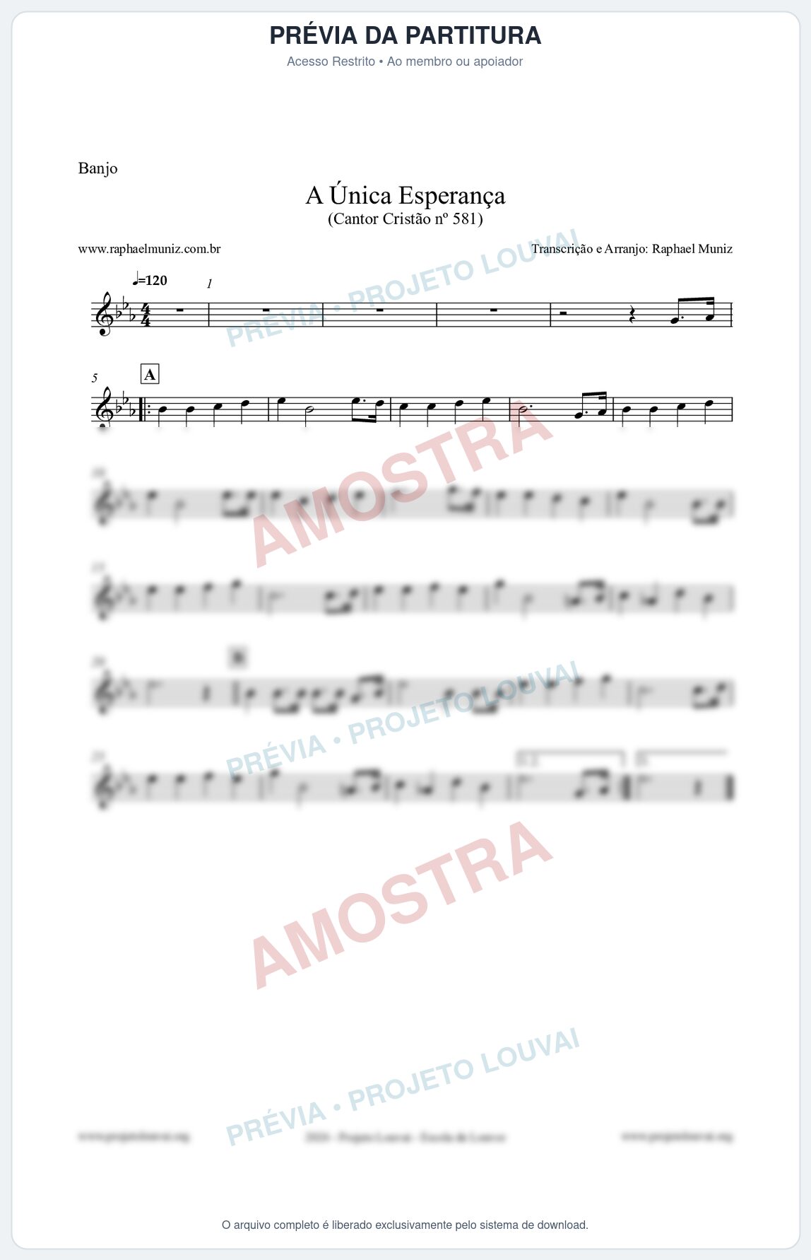 Prévia protegida da primeira página da partitura Partitura para Banjo - A Única Esperança - Cantor Cristão 581 - Clássicos do Gospel