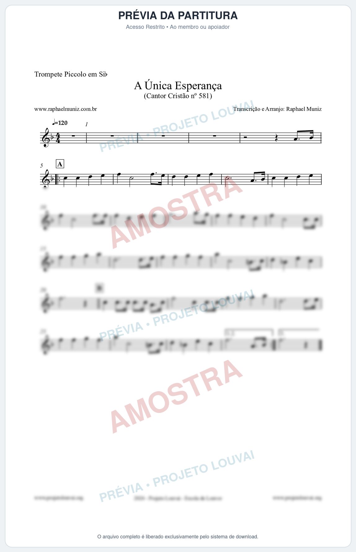 Prévia protegida da primeira página da partitura Partitura para Trompete Piccolo em Sib - A Única Esperança - Cantor Cristão 581 - Clássicos do Gospel