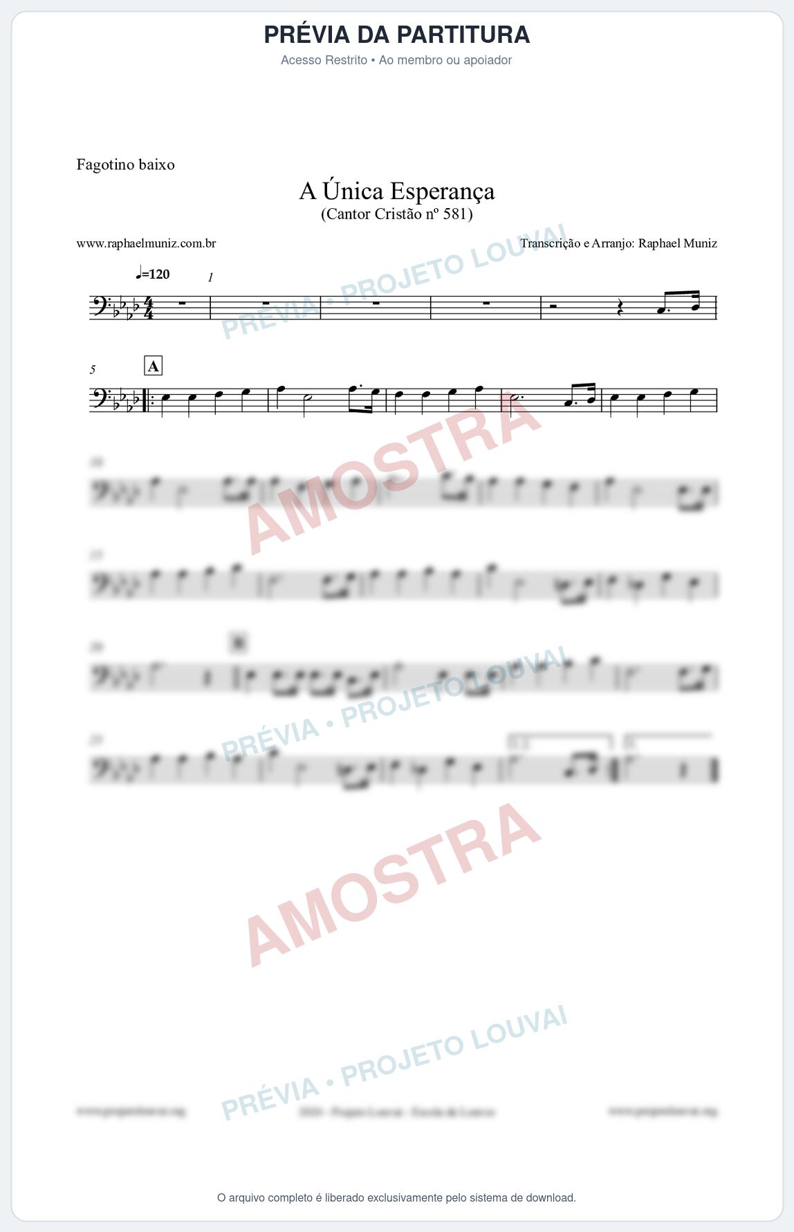 Prévia protegida da primeira página da partitura Partitura para Fagotino baixo - A Única Esperança - Cantor Cristão 581 - Clássicos do Gospel