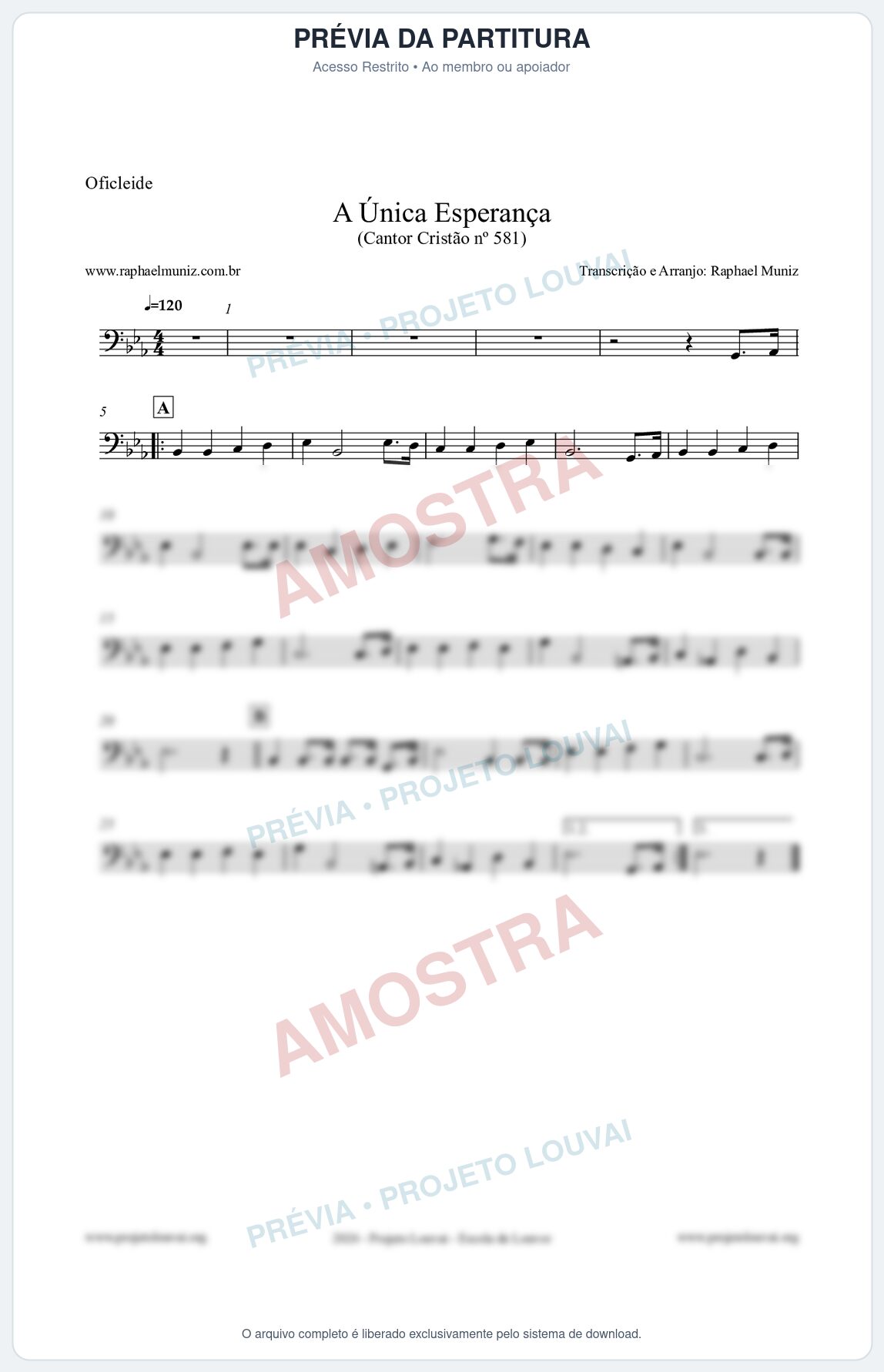 Prévia protegida da primeira página da partitura Partitura para Oficleide - A Única Esperança - Cantor Cristão 581 - Clássicos do Gospel