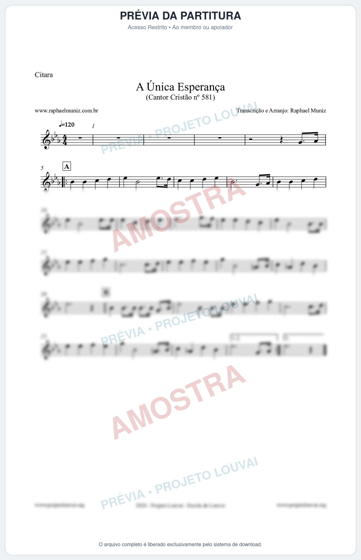 Prévia protegida da primeira página da partitura Partitura para Cítara - A Única Esperança - Cantor Cristão 581 - Clássicos do Gospel