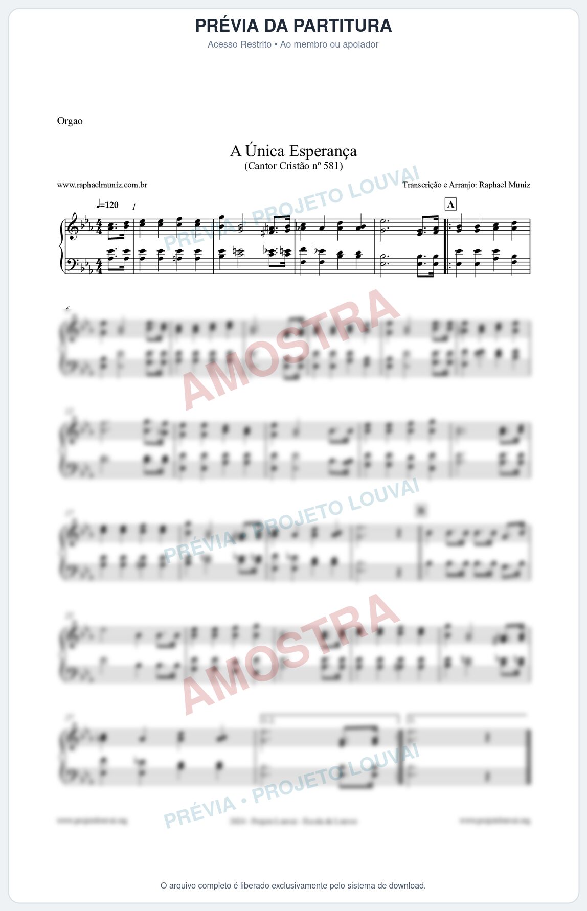 Prévia protegida da primeira página da partitura Partitura para Órgão - A Única Esperança - Cantor Cristão 581 - Clássicos do Gospel