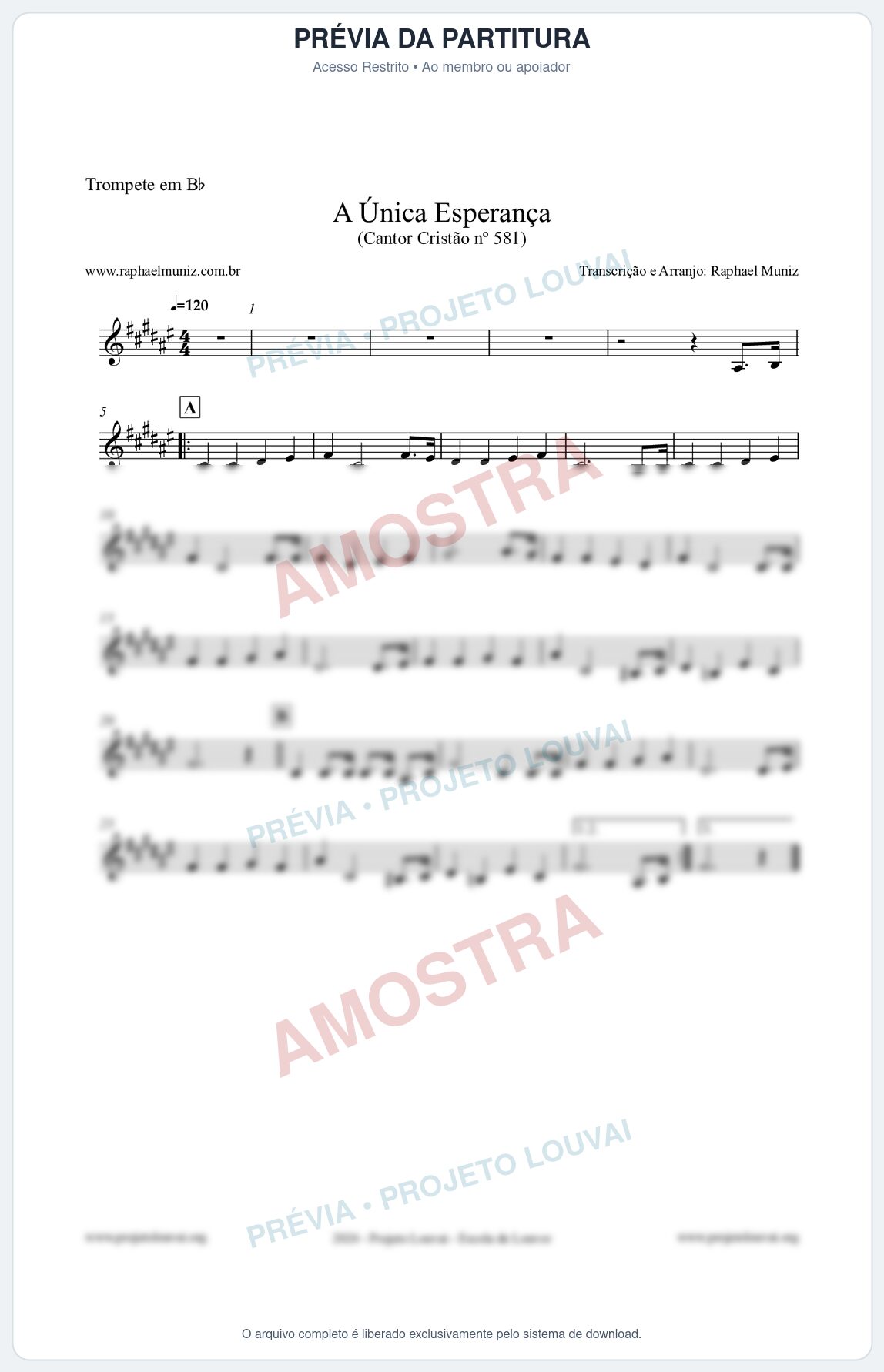 Prévia protegida da primeira página da partitura Partitura para Trompete em Bb - A Única Esperança - Cantor Cristão 581 - Clássicos do Gospel