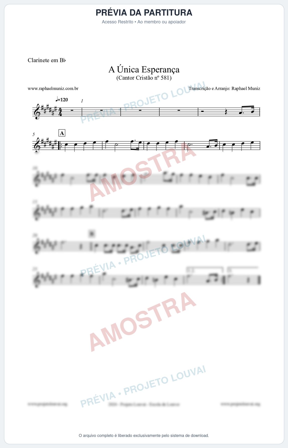 Prévia protegida da primeira página da partitura Partitura para Clarinete em Bb - A Única Esperança - Cantor Cristão 581 - Clássicos do Gospel