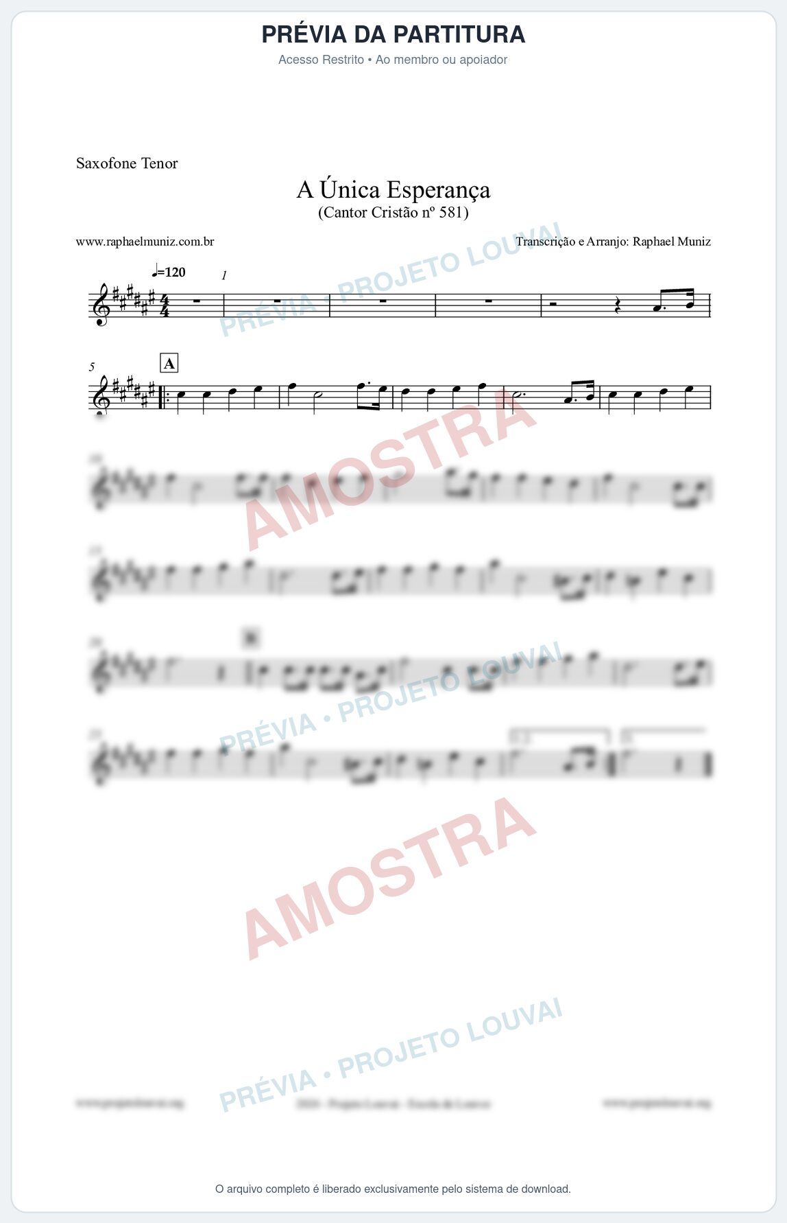Prévia protegida da primeira página da partitura Partitura para Saxofone Tenor - A Única Esperança - Cantor Cristão 581 - Clássicos do Gospel