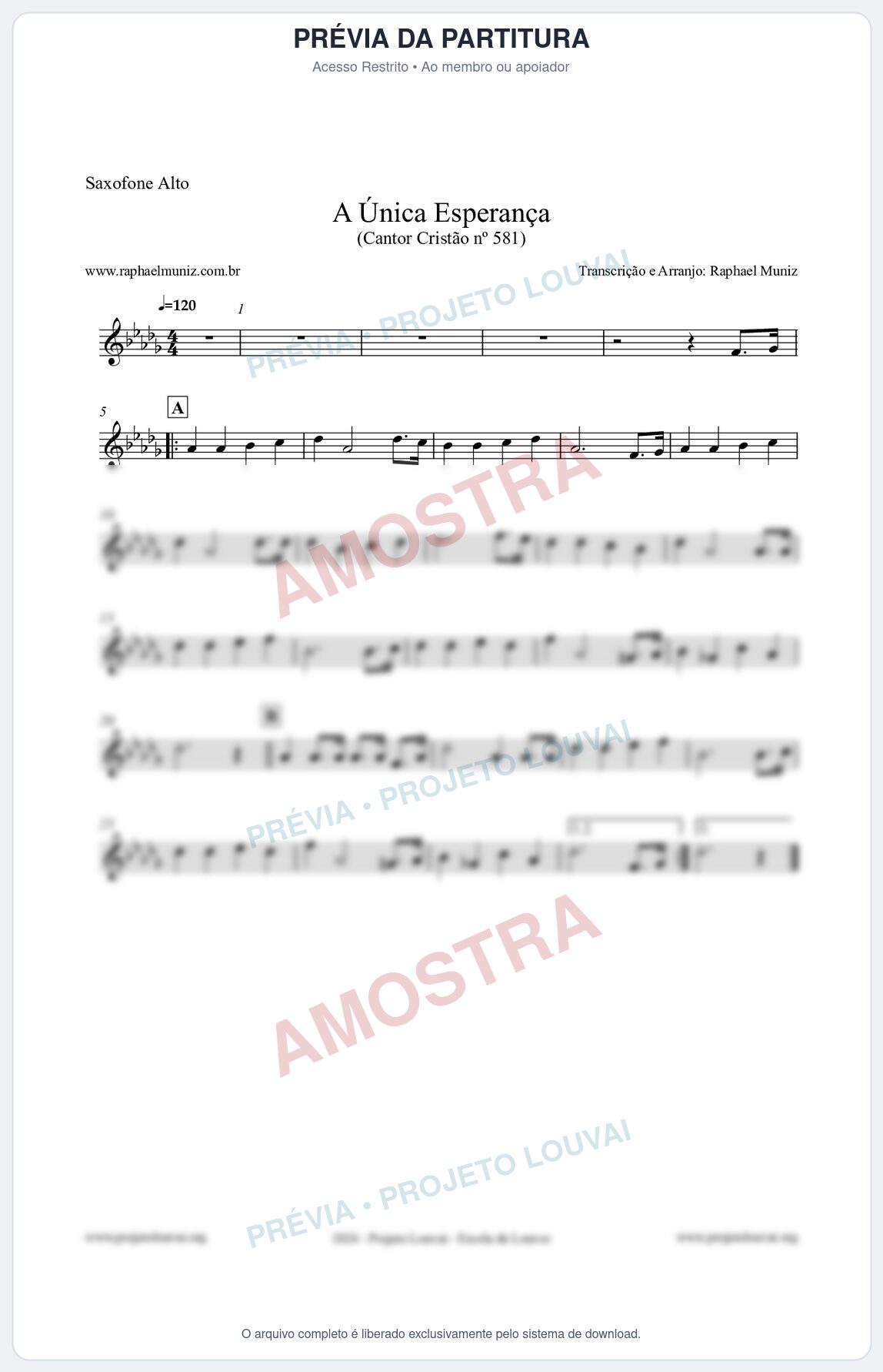 Prévia protegida da primeira página da partitura Partitura para Saxofone Alto - A Única Esperança - Cantor Cristão 581 - Clássicos do Gospel
