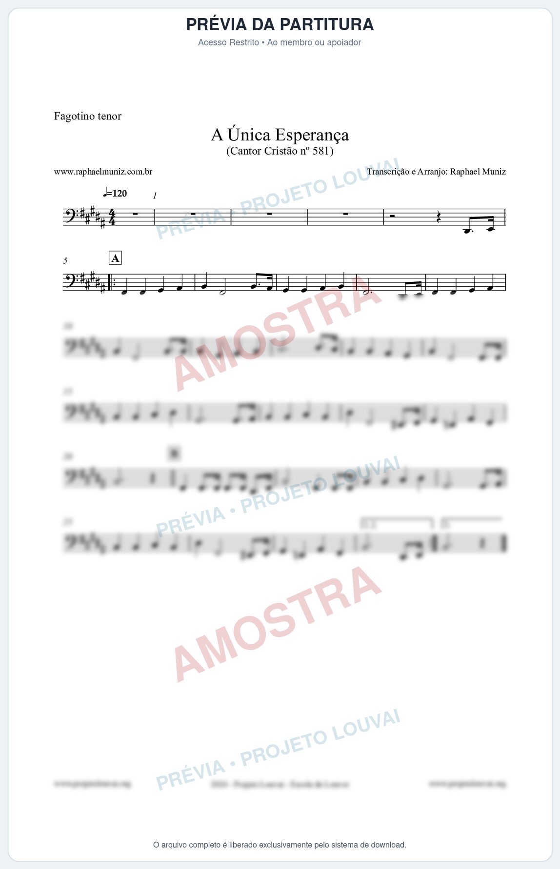 Prévia protegida da primeira página da partitura Partitura para Fagotino tenor - A Única Esperança - Cantor Cristão 581 - Clássicos do Gospel