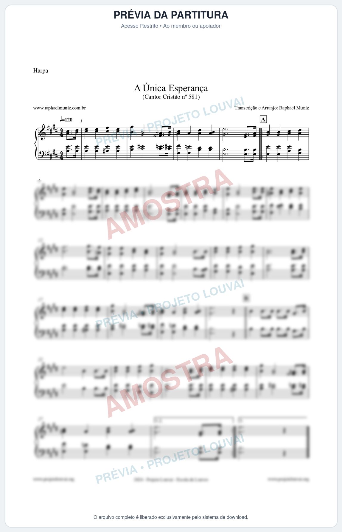Prévia protegida da primeira página da partitura Partitura para Harpa - A Única Esperança - Cantor Cristão 581 - Clássicos do Gospel