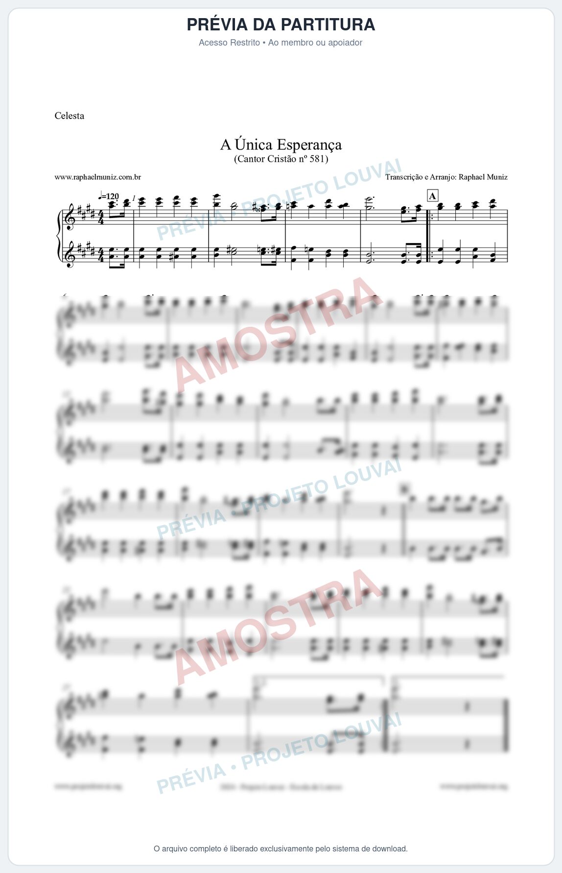Prévia protegida da primeira página da partitura Partitura para Celesta - A Única Esperança - Cantor Cristão 581 - Clássicos do Gospel