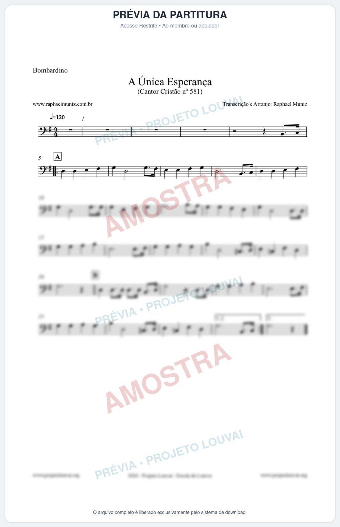Prévia protegida da primeira página da partitura Partitura para Bombardino - A Única Esperança - Cantor Cristão 581 - Clássicos do Gospel