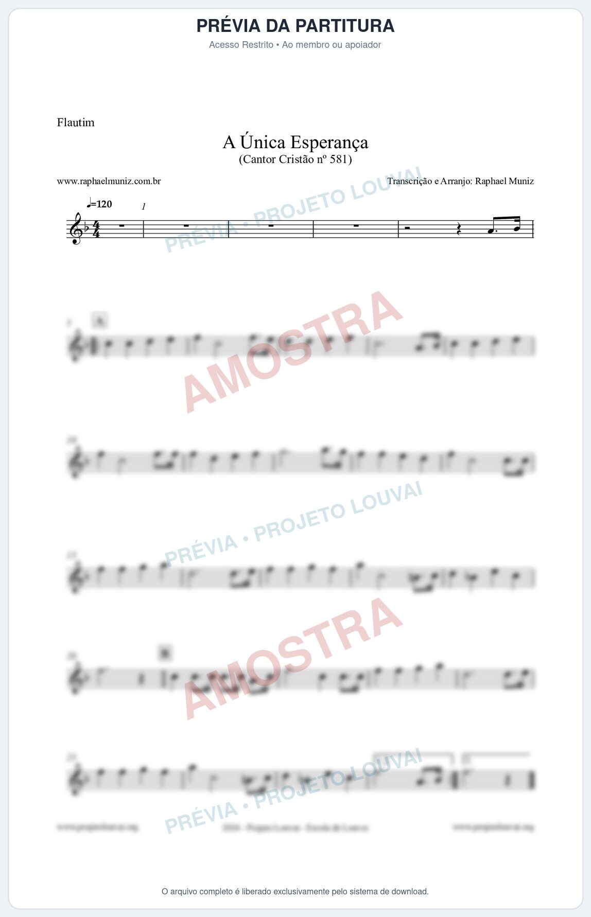 Prévia protegida da primeira página da partitura Partitura para Flautim - A Única Esperança - Cantor Cristão 581 - Clássicos do Gospel
