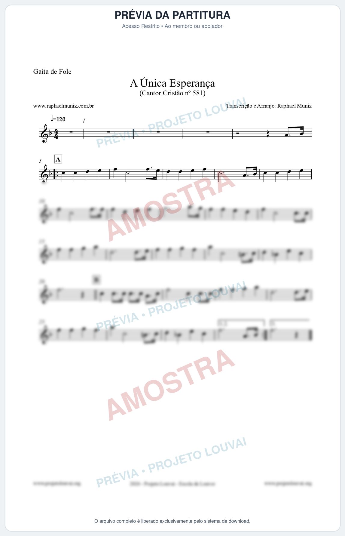 Prévia protegida da primeira página da partitura Partitura para Gaita de Fole - A Única Esperança - Cantor Cristão 581 - Clássicos do Gospel