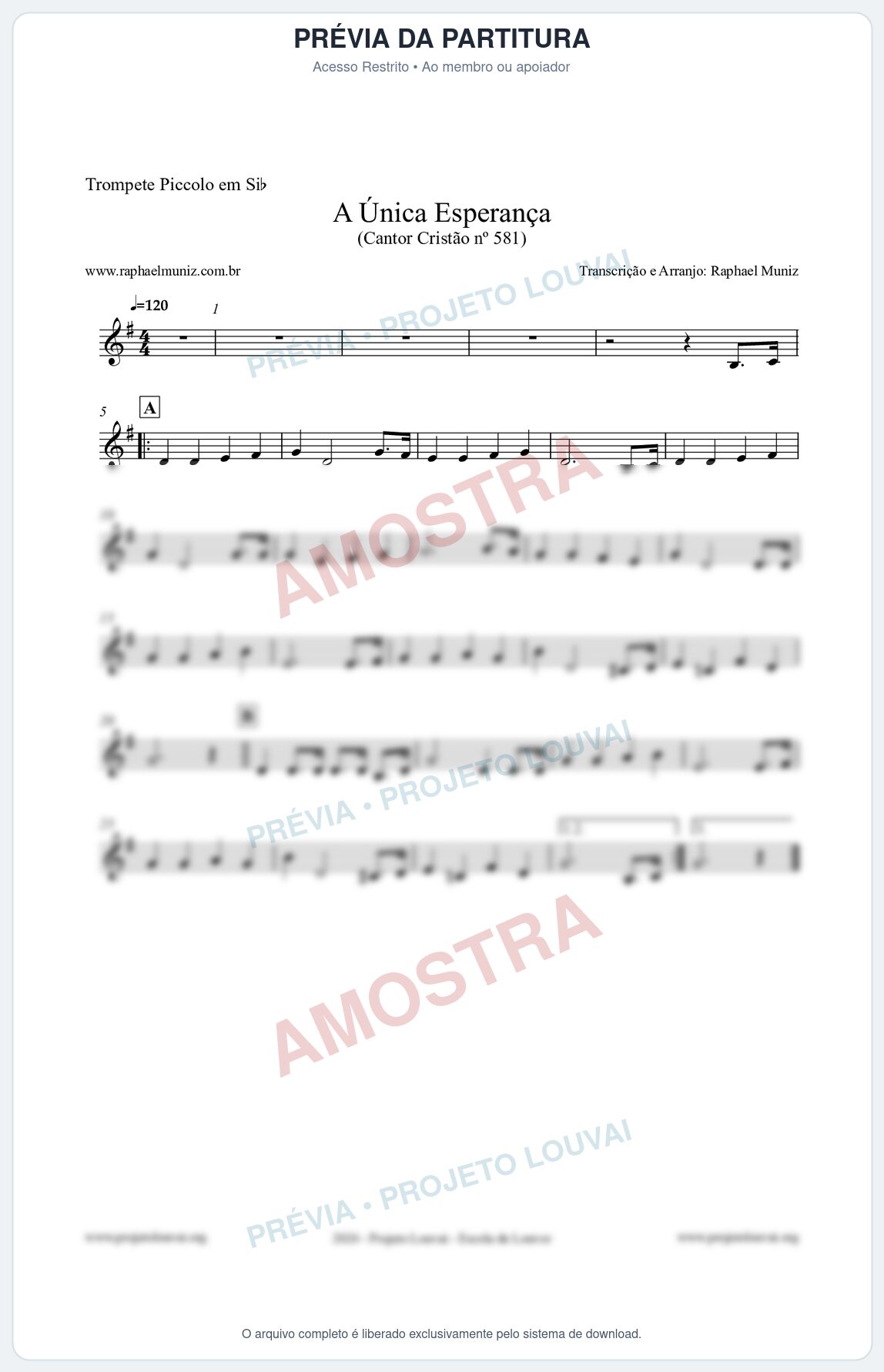 Prévia protegida da primeira página da partitura Partitura para Trompete Piccolo em Sib - A Única Esperança - Cantor Cristão 581 - Clássicos do Gospel