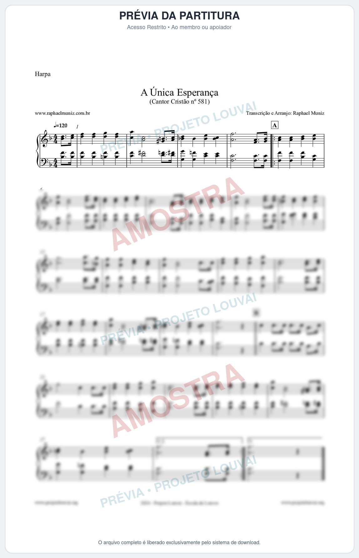 Prévia protegida da primeira página da partitura Partitura para Harpa - A Única Esperança - Cantor Cristão 581 - Clássicos do Gospel