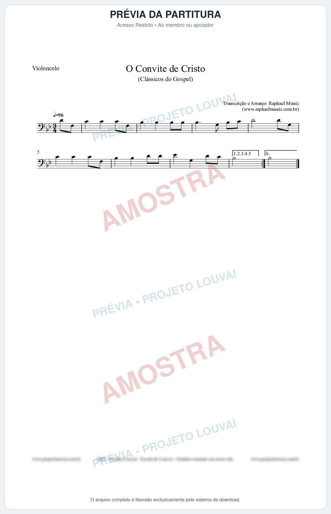 Prévia protegida da primeira página da partitura Partitura para Violoncelo - O Convite de Cristo - Harpa Cristã nº19 - Clássicos do Gospel