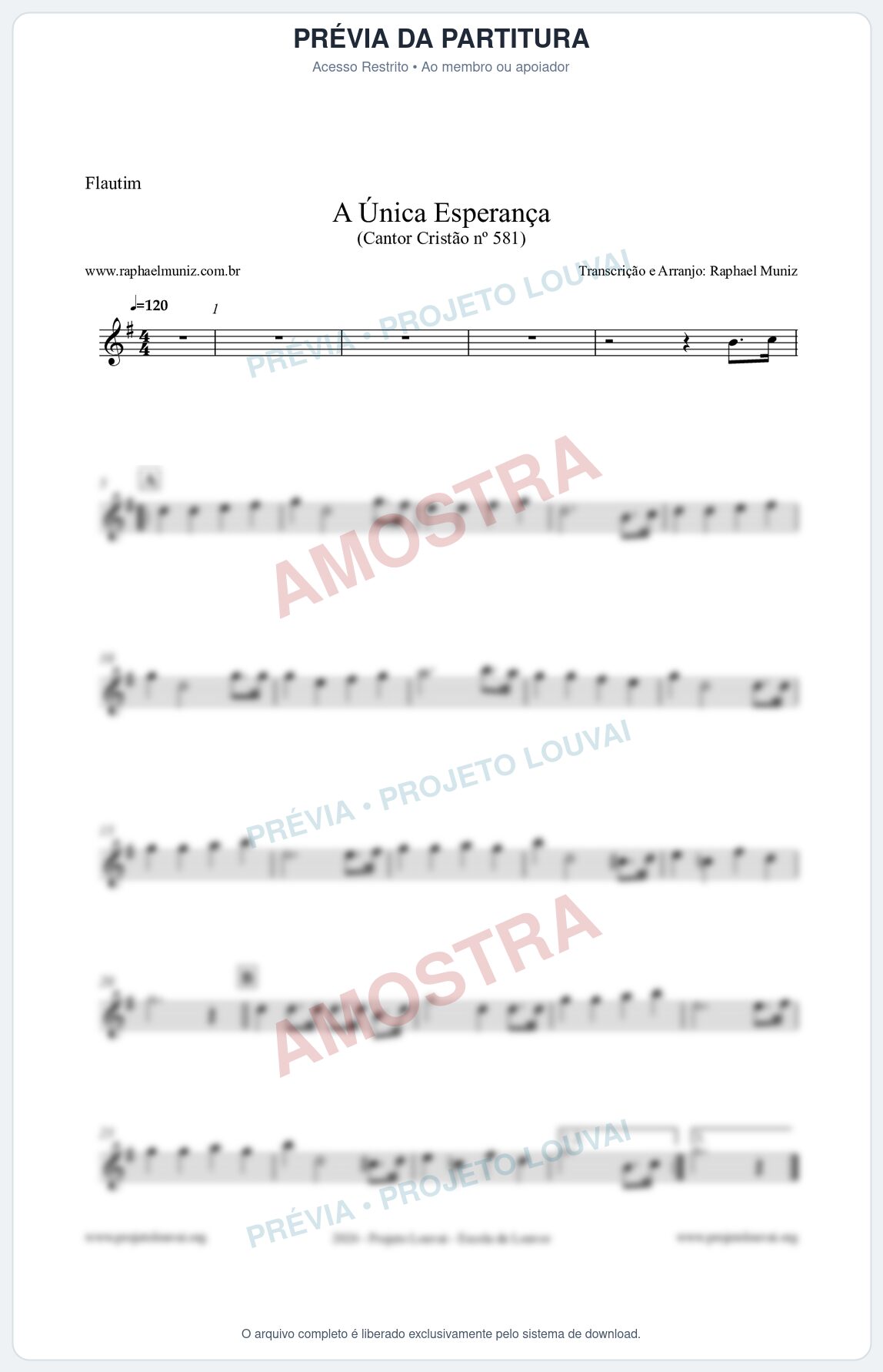 Prévia protegida da primeira página da partitura Partitura para Flautim - A Única Esperança - Cantor Cristão 581 - Clássicos do Gospel