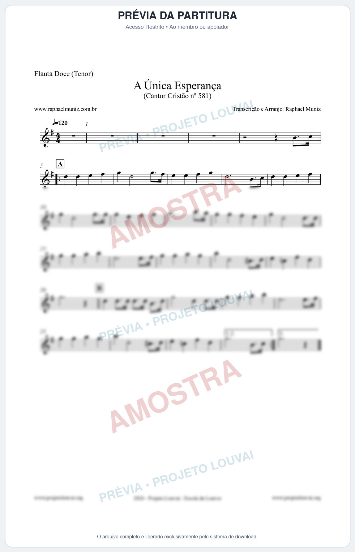 Prévia protegida da primeira página da partitura Partitura para Flauta Doce (Tenor) - A Única Esperança - Cantor Cristão 581 - Clássicos do Gospel