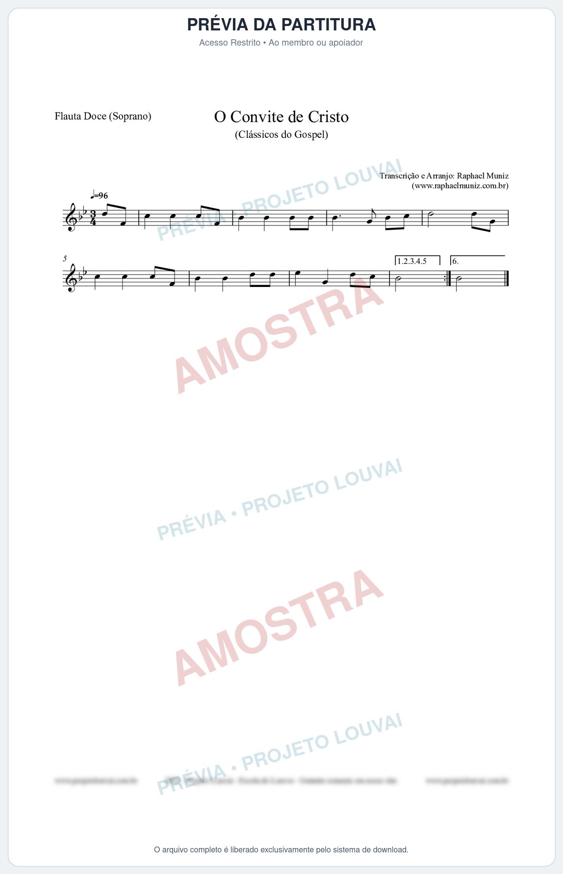 Prévia protegida da primeira página da partitura Partitura para Flauta Doce (Soprano) - O Convite de Cristo - Harpa Cristã nº19 - Clássicos do Gospel