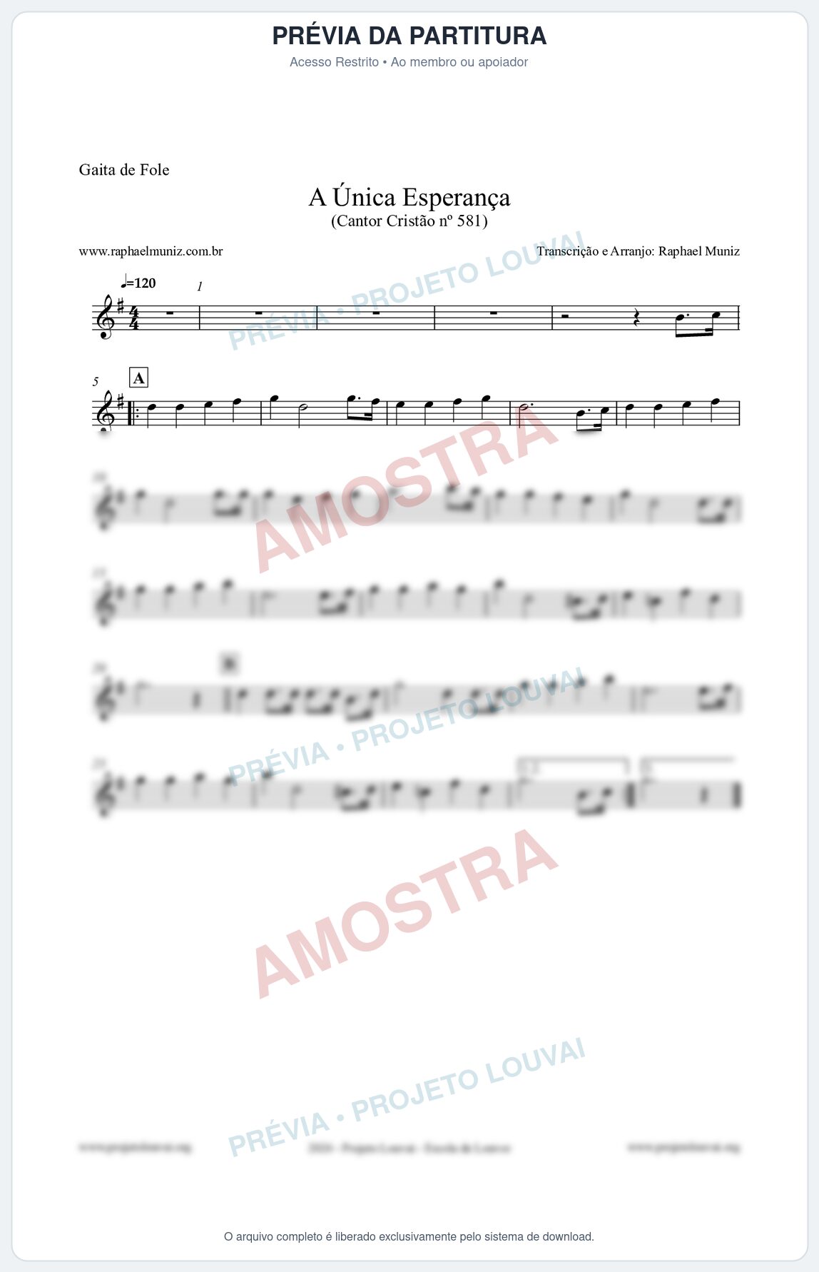Prévia protegida da primeira página da partitura Partitura para Gaita de Fole - A Única Esperança - Cantor Cristão 581 - Clássicos do Gospel