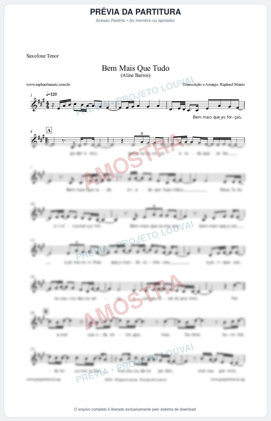 Prévia protegida da primeira página da partitura Partitura para Saxofone Tenor - Bem Mais Que Tudo - Aline Barros