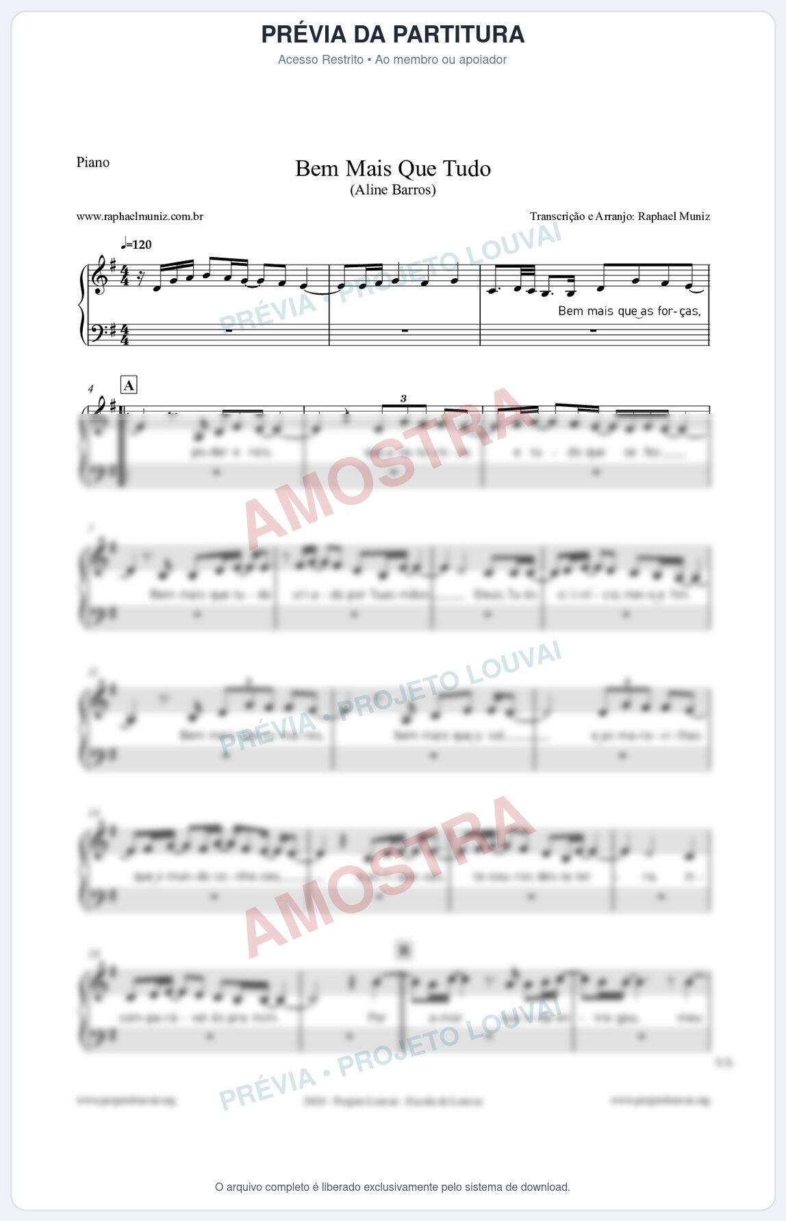 Prévia protegida da primeira página da partitura Partitura para Piano - Bem Mais Que Tudo - Aline Barros