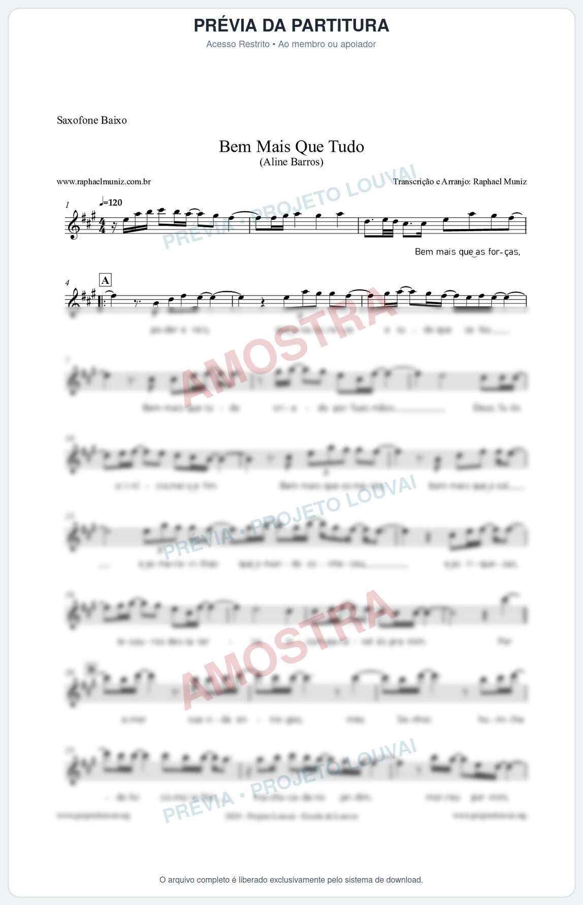 Prévia protegida da primeira página da partitura Partitura para Saxofone Baixo - Bem Mais Que Tudo - Aline Barros