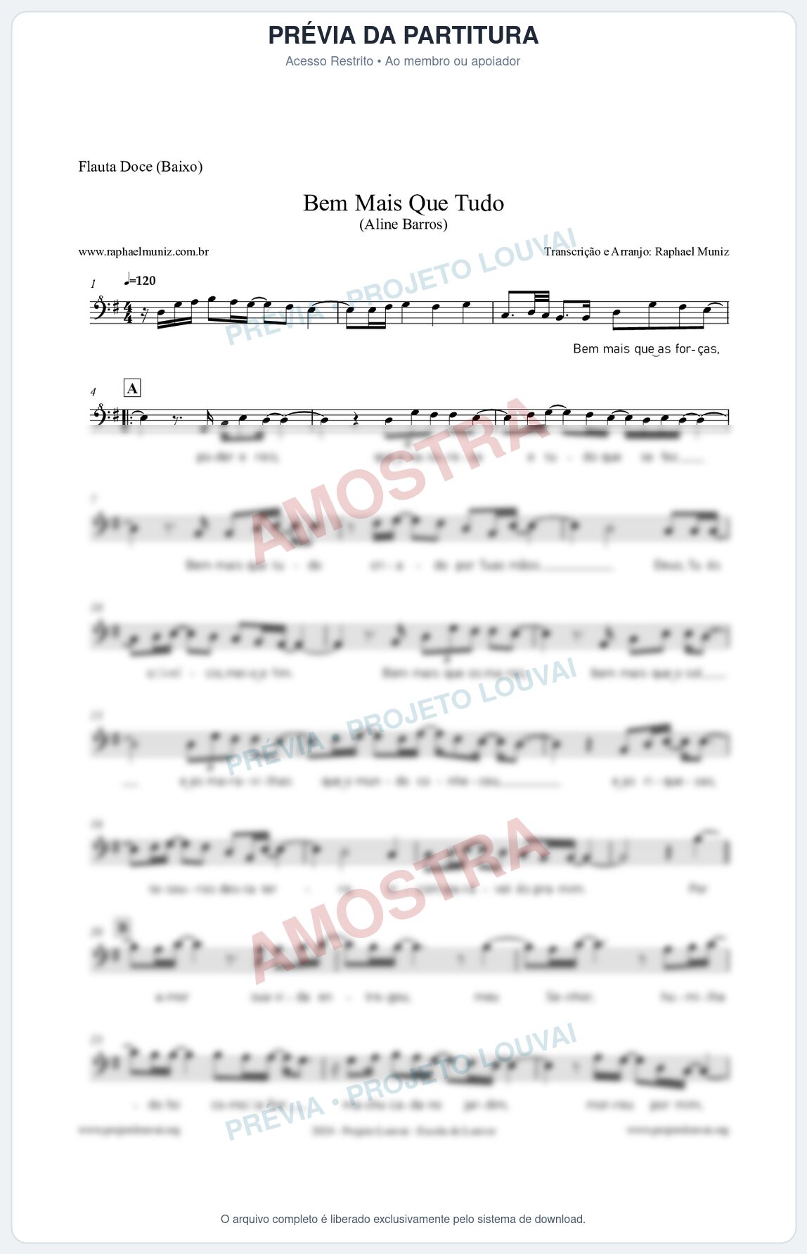 Prévia protegida da primeira página da partitura Partitura para Flauta Doce (Baixo) - Bem Mais Que Tudo - Aline Barros