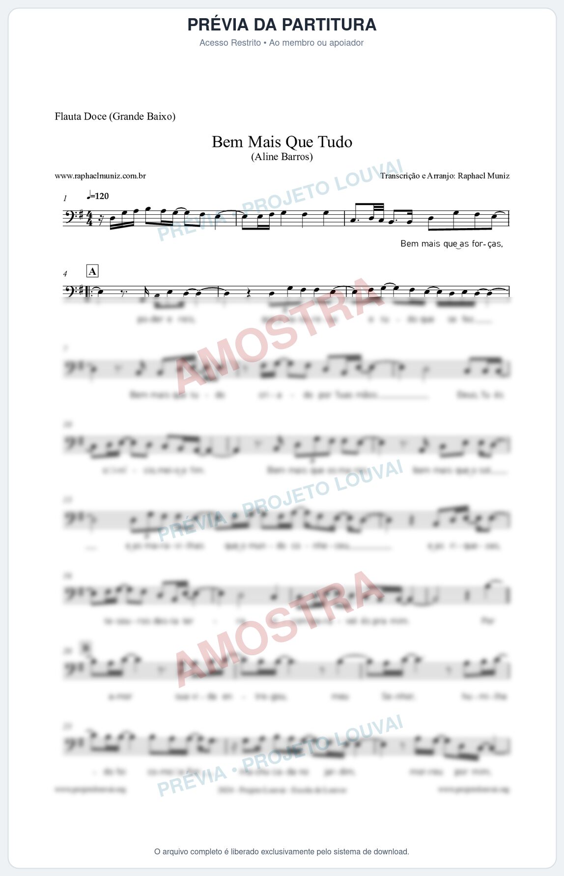 Prévia protegida da primeira página da partitura Partitura para Flauta Doce (Grande Baixo) - Bem Mais Que Tudo - Aline Barros