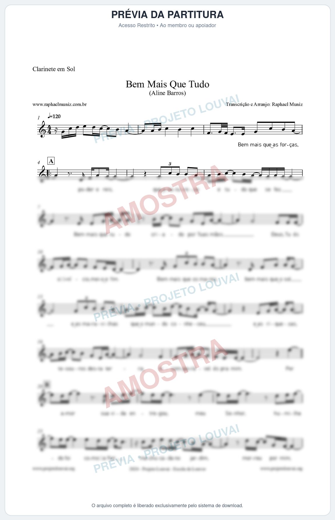 Prévia protegida da primeira página da partitura Partitura para Clarinete em Sol - Bem Mais Que Tudo - Aline Barros
