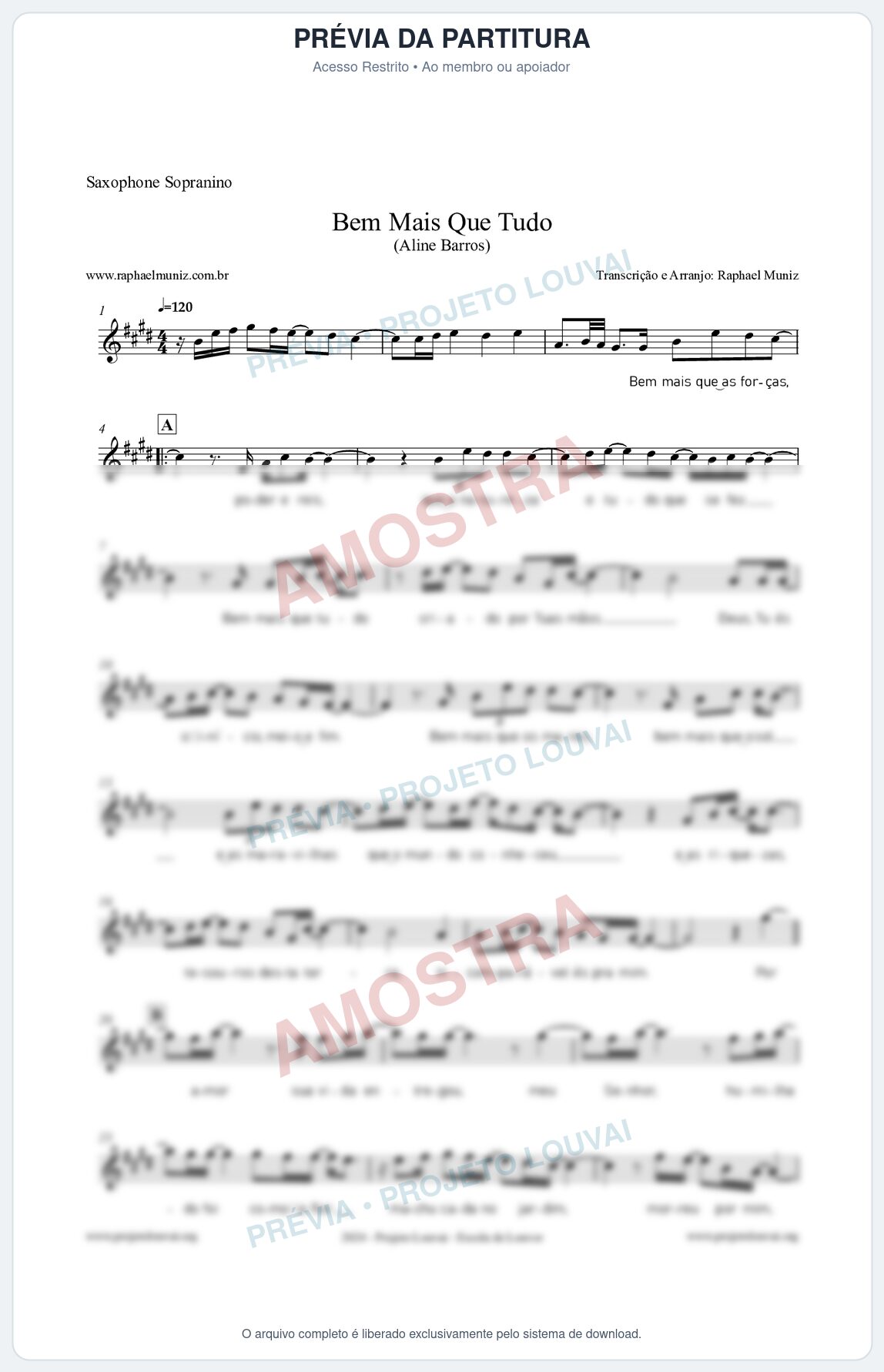 Prévia protegida da primeira página da partitura Partitura para Saxophone Sopranino - Bem Mais Que Tudo - Aline Barros