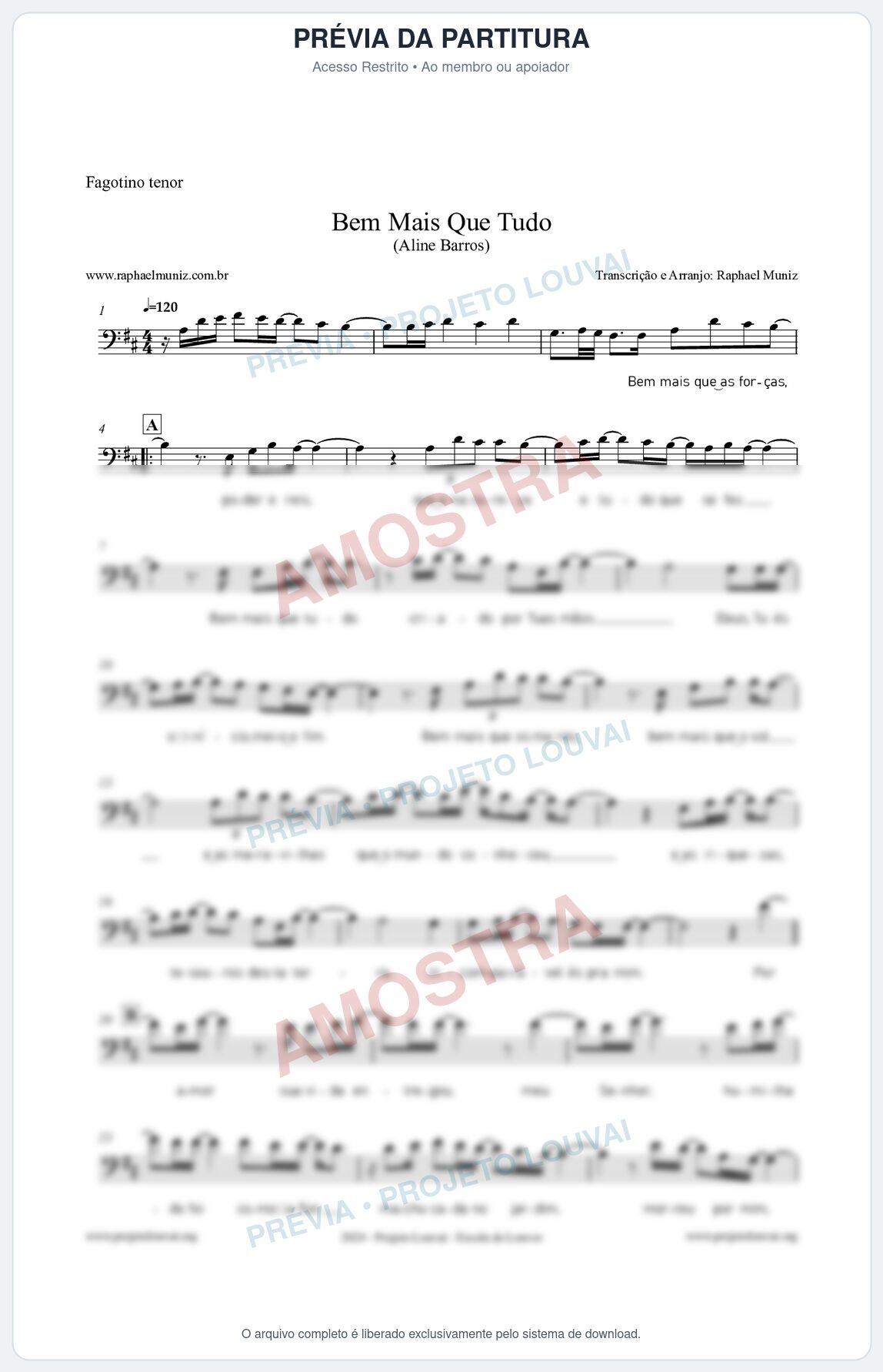 Prévia protegida da primeira página da partitura Partitura para Fagotino tenor - Bem Mais Que Tudo - Aline Barros