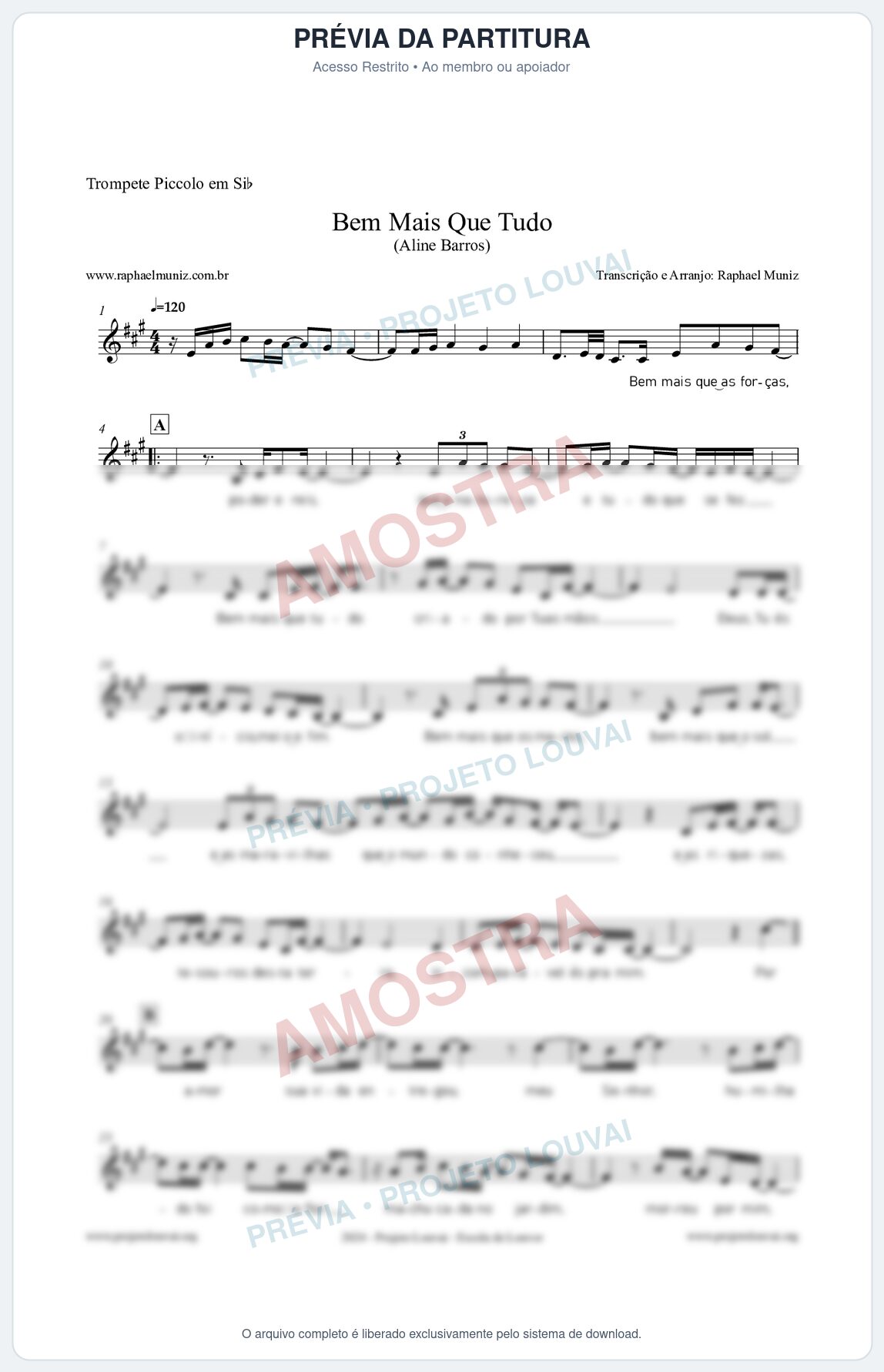Prévia protegida da primeira página da partitura Partitura para Trompete Piccolo em Sib - Bem Mais Que Tudo - Aline Barros
