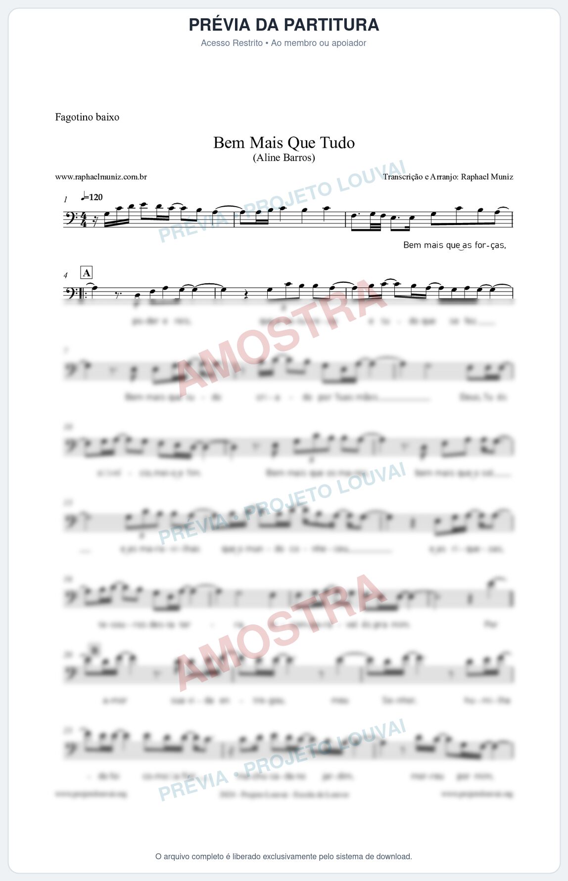 Prévia protegida da primeira página da partitura Partitura para Fagotino baixo - Bem Mais Que Tudo - Aline Barros