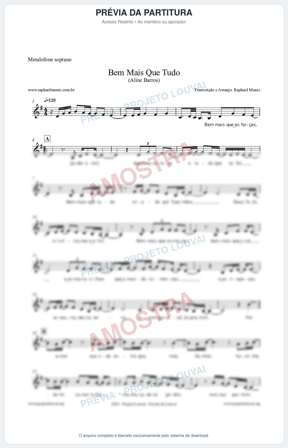 Prévia protegida da primeira página da partitura Partitura para Metalofone soprano - Bem Mais Que Tudo - Aline Barros