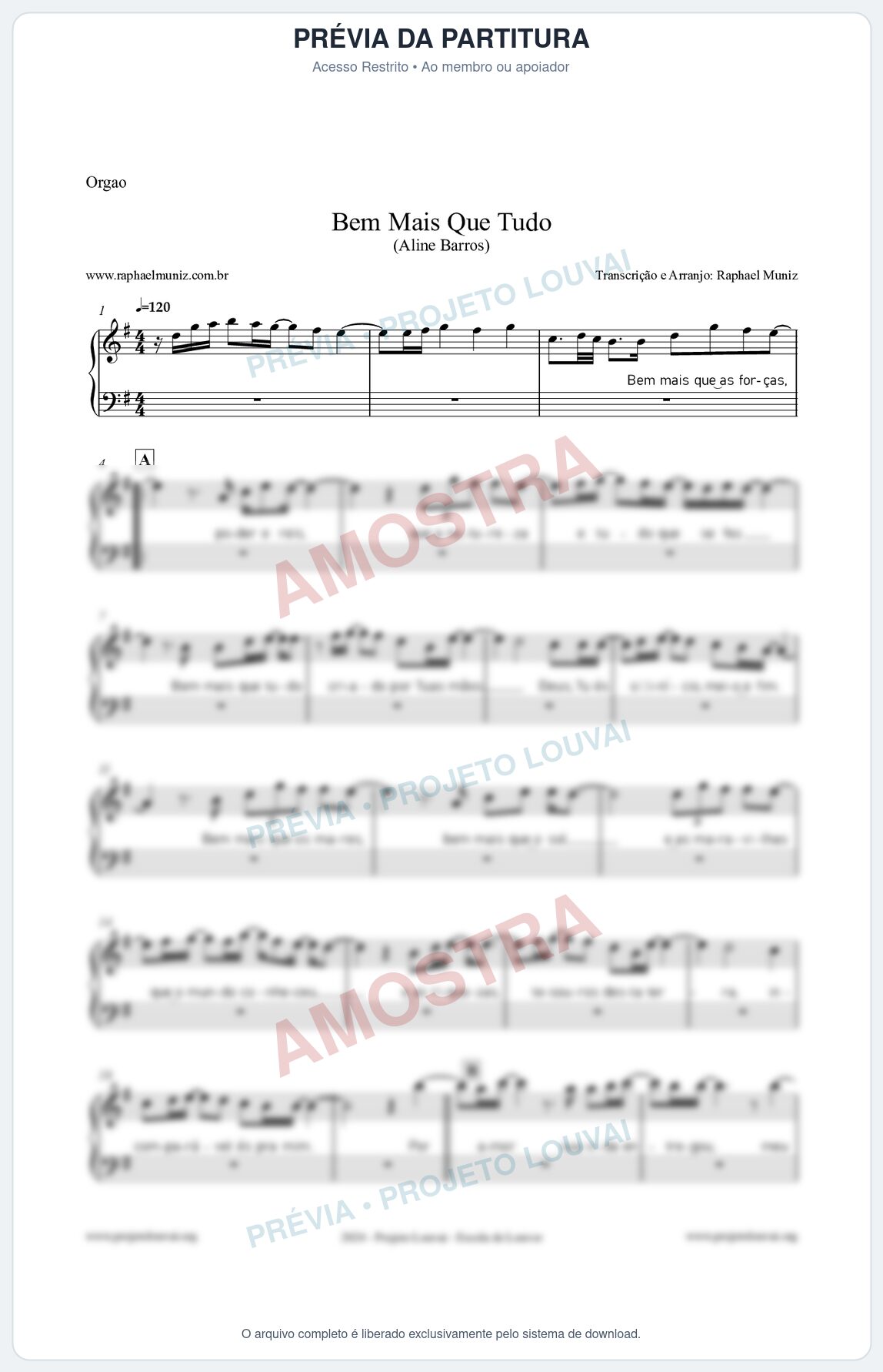 Prévia protegida da primeira página da partitura Partitura para Órgão - Bem Mais Que Tudo - Aline Barros