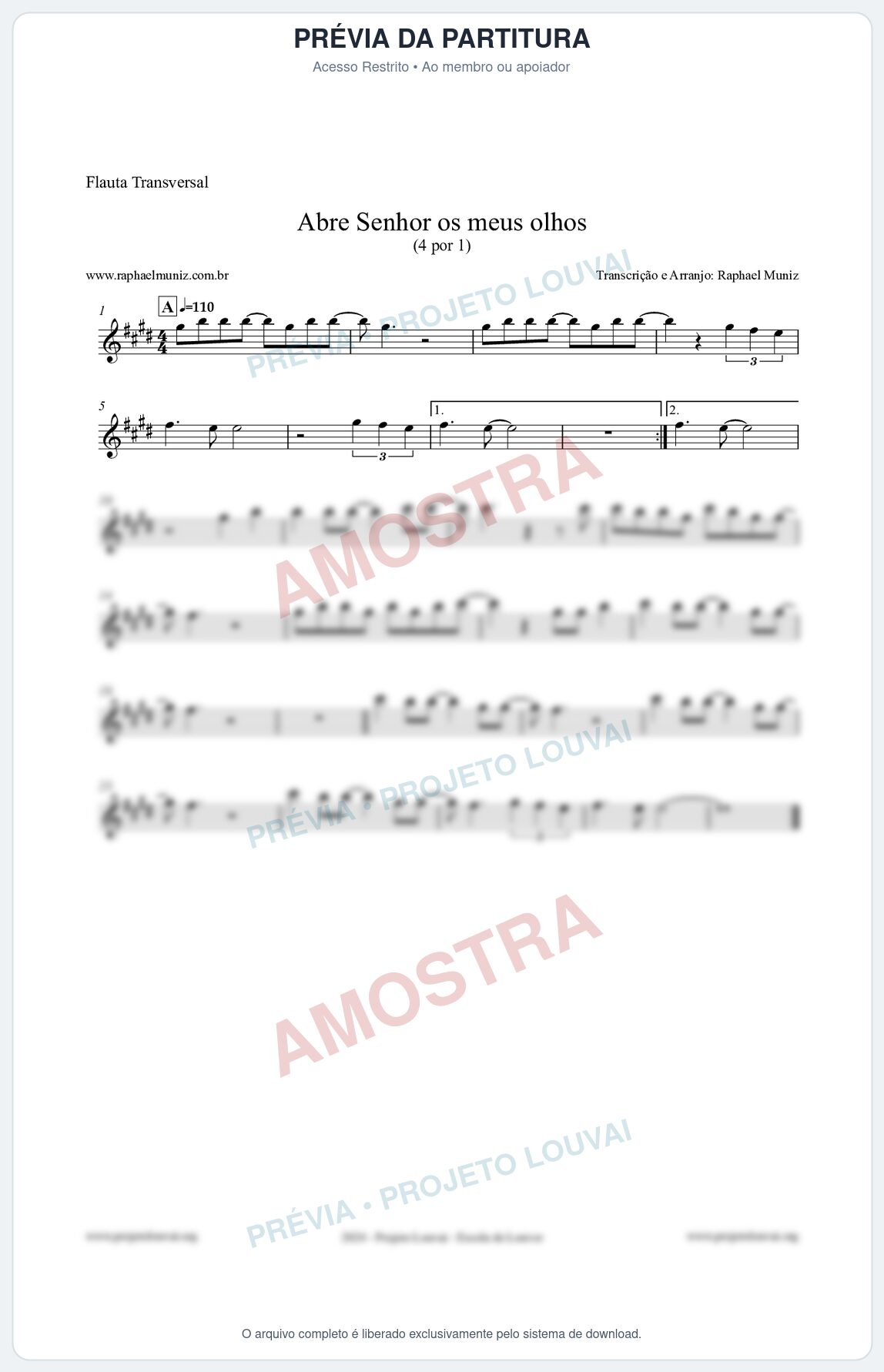 Prévia protegida da primeira página da partitura Partitura para Flauta Transversal - Abre Senhor os meus olhos - Quatro por Um