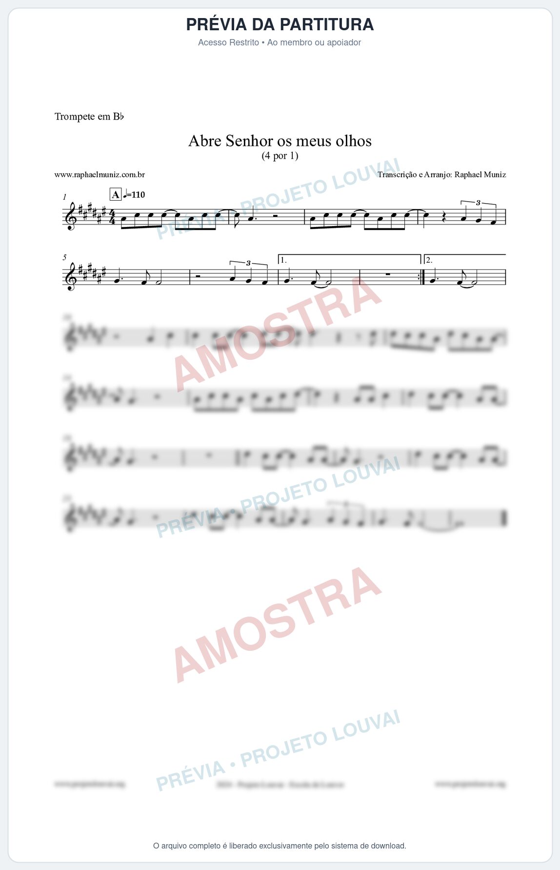 Prévia protegida da primeira página da partitura Partitura para Trompete em Bb - Abre Senhor os meus olhos - Quatro por Um