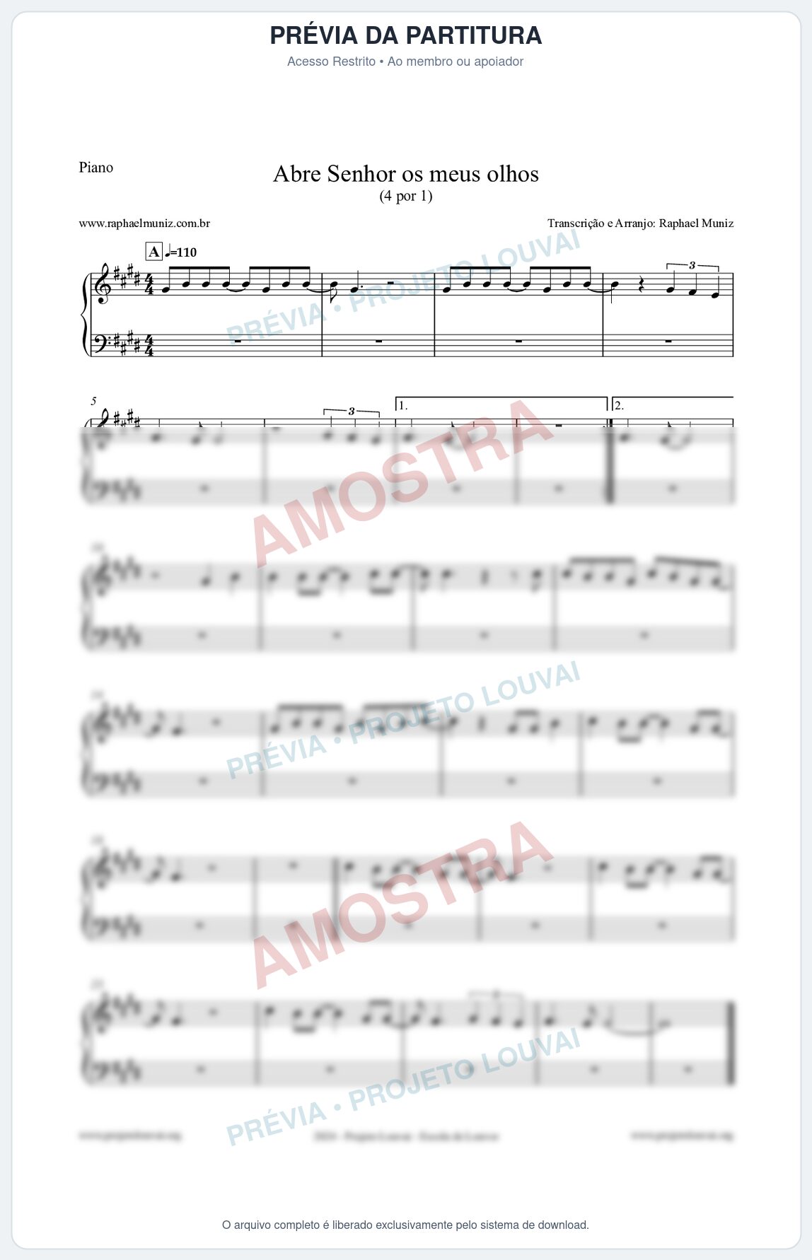Prévia protegida da primeira página da partitura Partitura para Piano - Abre Senhor os meus olhos - Quatro por Um