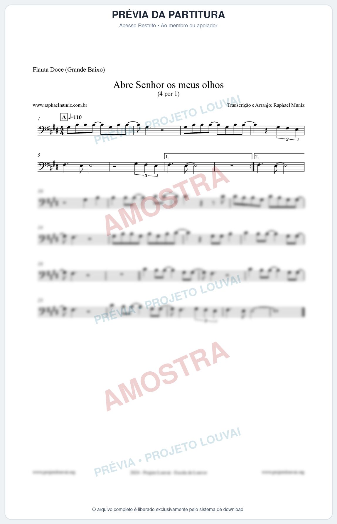 Prévia protegida da primeira página da partitura Partitura para Flauta Doce (Grande Baixo) - Abre Senhor os meus olhos - Quatro por Um