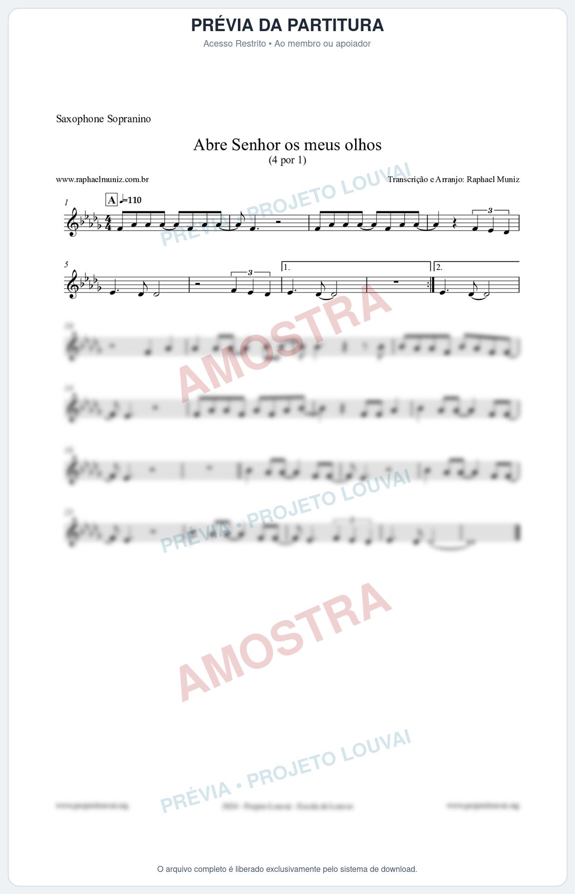 Prévia protegida da primeira página da partitura Partitura para Saxophone Sopranino - Abre Senhor os meus olhos - Quatro por Um